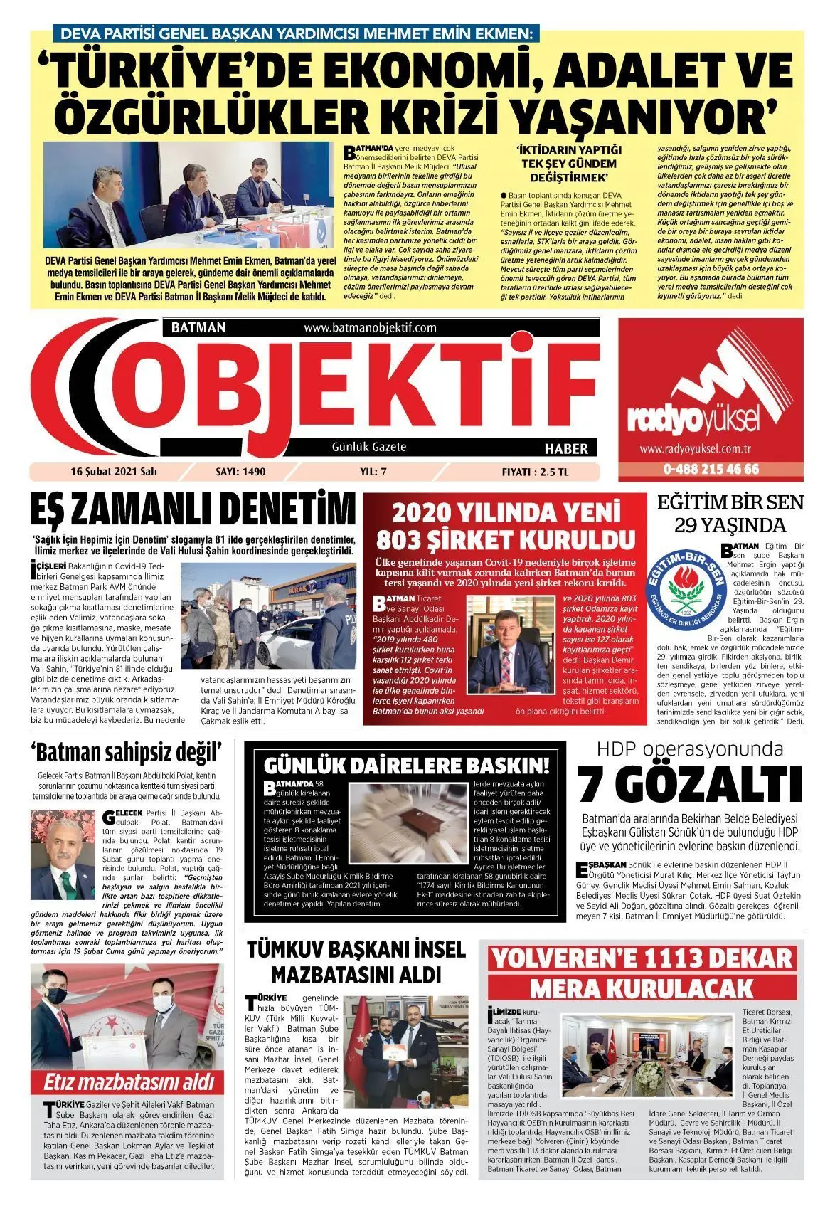 15.02.2021 tarihli sayı, 1. sayfa