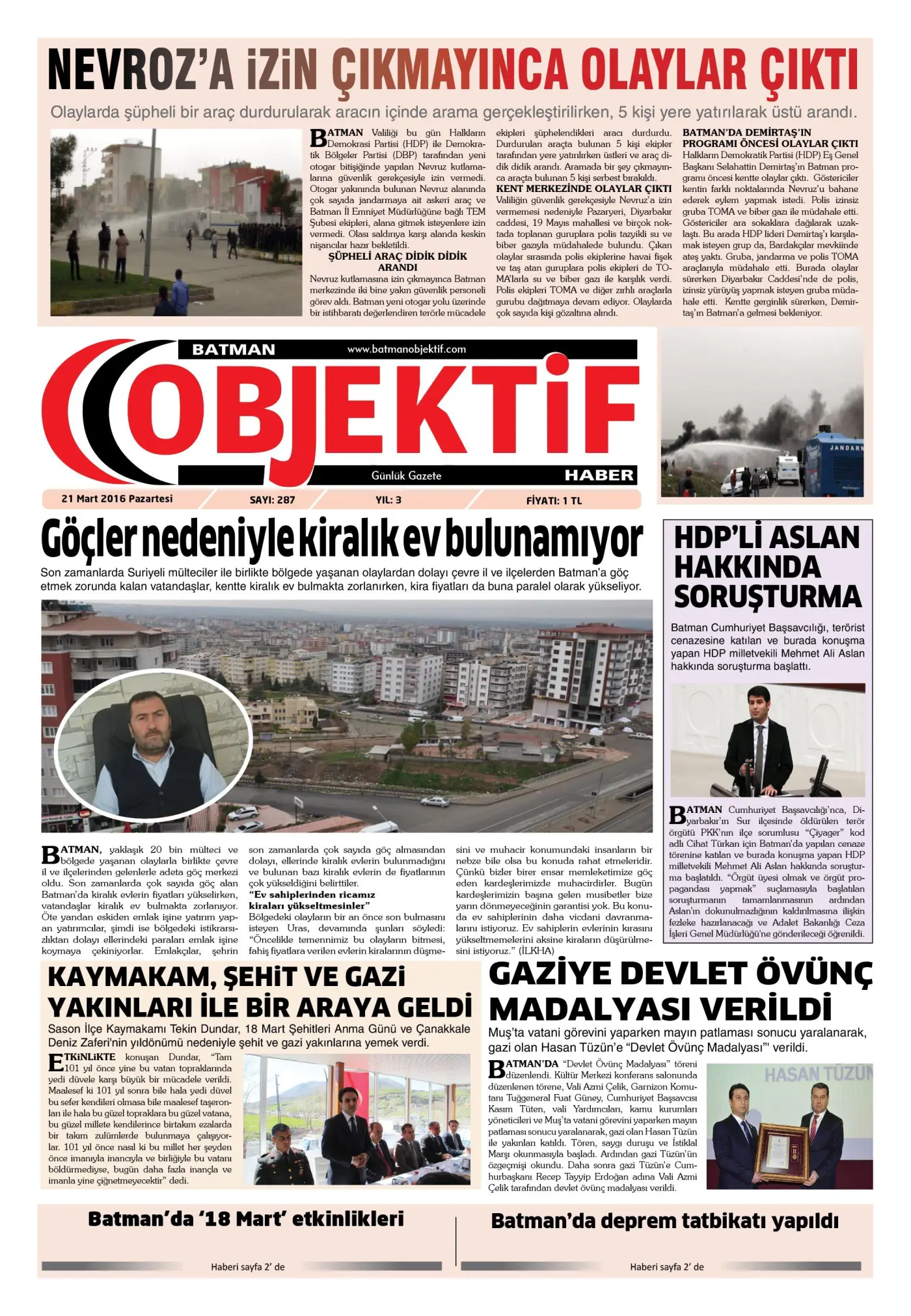 21.03.2016 tarihli sayı, 1. sayfa