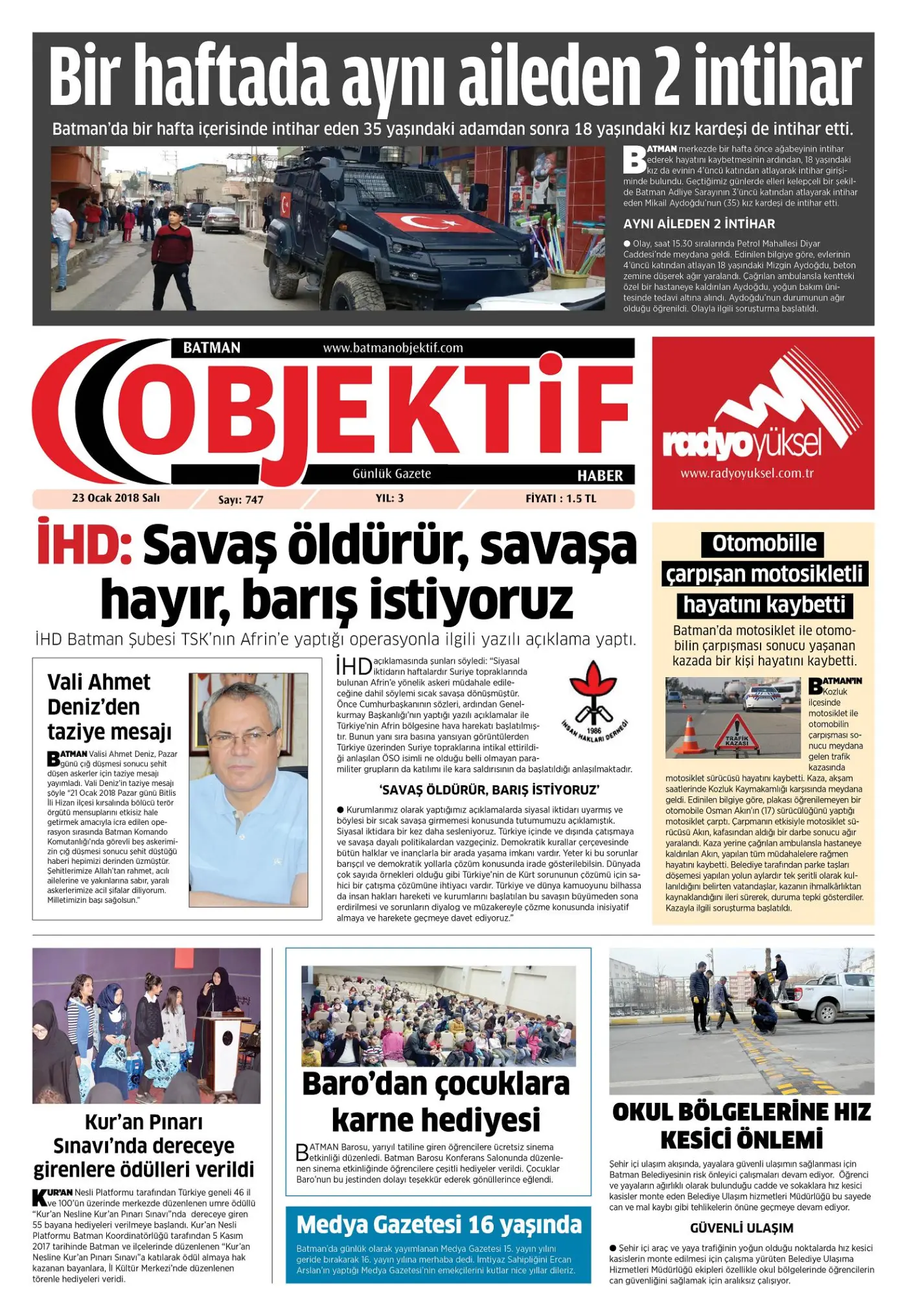 23.01.2018 tarihli sayı, 1. sayfa