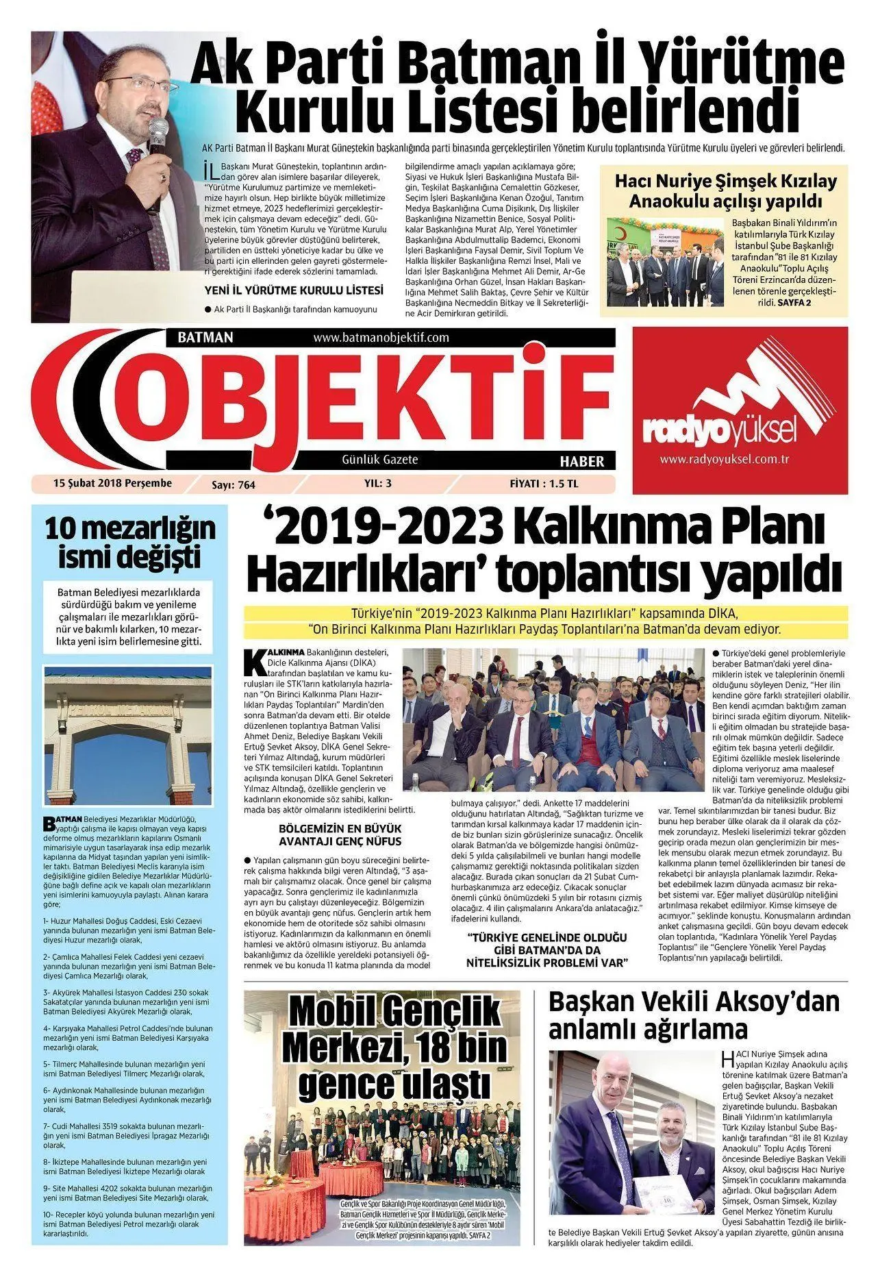 15.02.2018 tarihli sayı, 1. sayfa