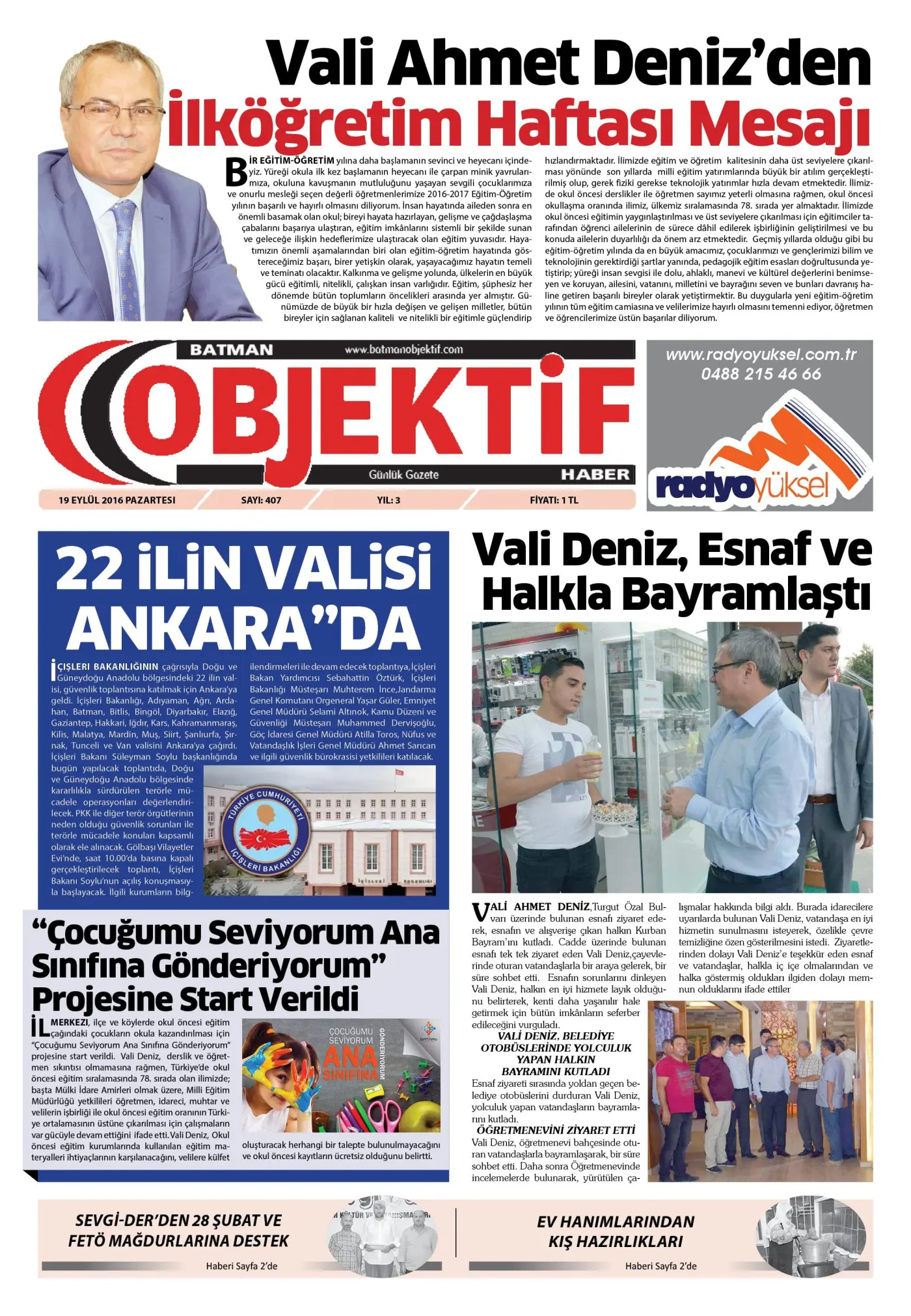 19.09.2016 tarihli sayı, 1. sayfa
